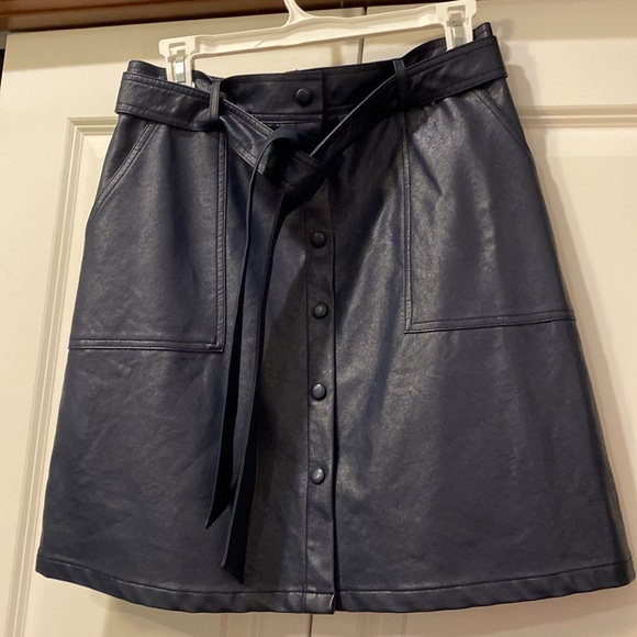 FRNCH Emilou Faux Leather Button Up Belted Skirt. Size M. Navy Blue. High Waist. - Picture 7 of 12